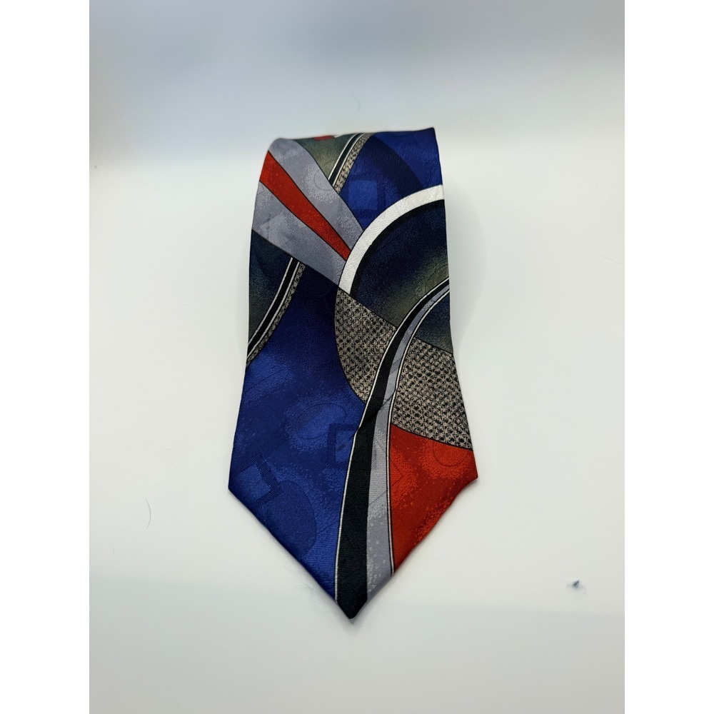 Windridge Mens Abstract Geometric Silk Look Polyester Necktie Blue Red Grey